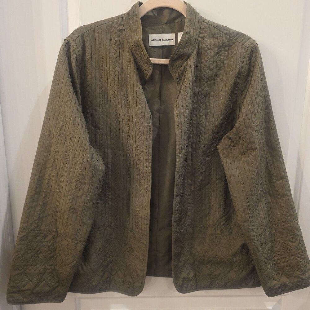 ALFRED DUNNER Quilted Olive Green Open Front Jacket Women's 12 Fall‎ Grandmacore